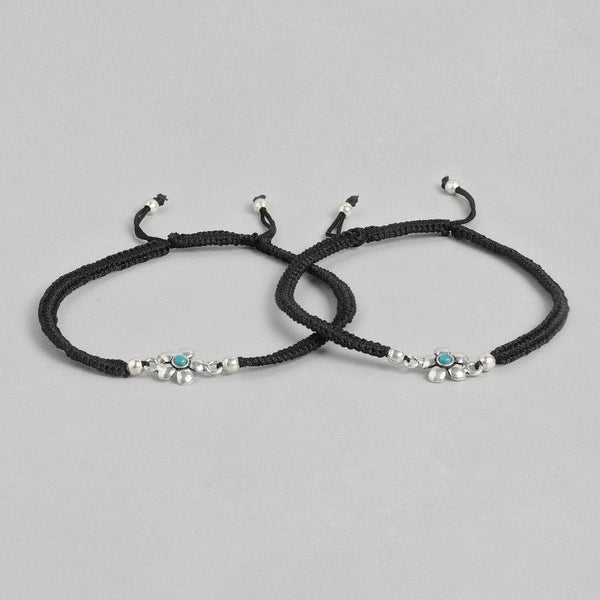Floral Blue Rhodium Plated 925 Sterling Silver Thread Anklet