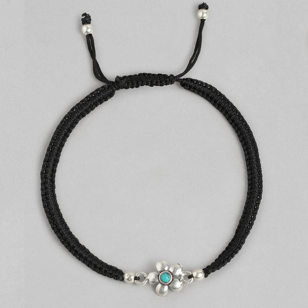Floral Blue Rhodium Plated 925 Sterling Silver Thread Anklet