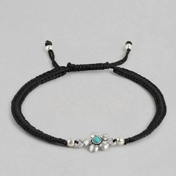 Floral Blue Rhodium Plated 925 Sterling Silver Thread Anklet