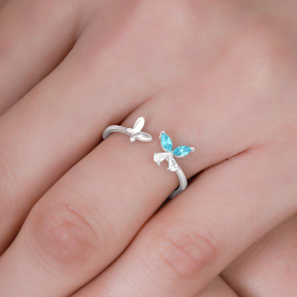 Blue Butterfly Rhodium Plated 925 Sterling Silver Ring